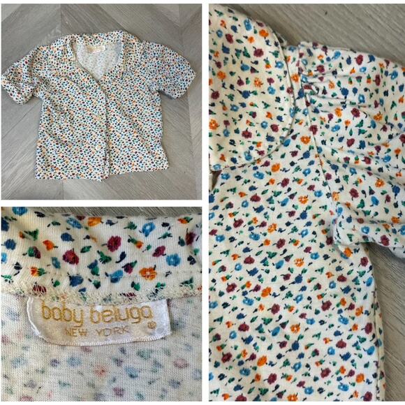 Vintage Baby Beluga Floral Knit Puff Sleeve Button Down Shirt Top Girls 2T 3T - Picture 1 of 11
